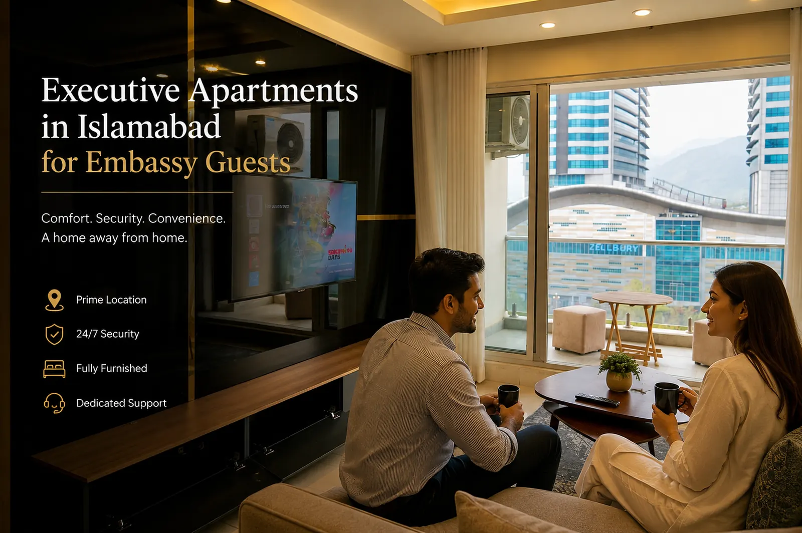 Executive apartment in Islamabad for embassy guests — guests enjoying coffee with Blue Area city view at Elysium Tower